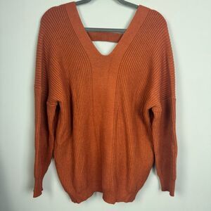 LOVEMARKS | V-Neck Burnt Orange Lace Up Back Knit Sweater Women’s Size Large